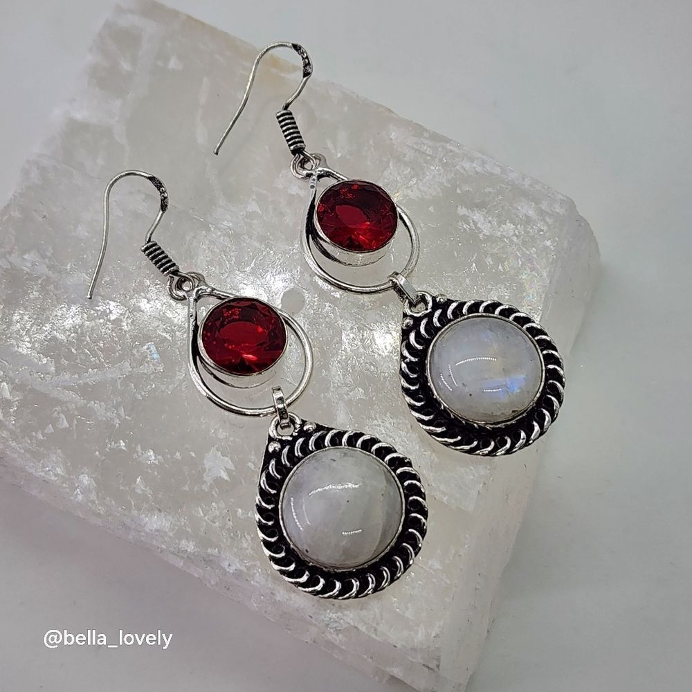 Rainbow Moonstone Garnet Handmade Drop Dangle Earrings Jewelry 2.57"